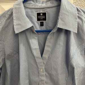 Express Women's Blue and White Striped Button Down Shirt